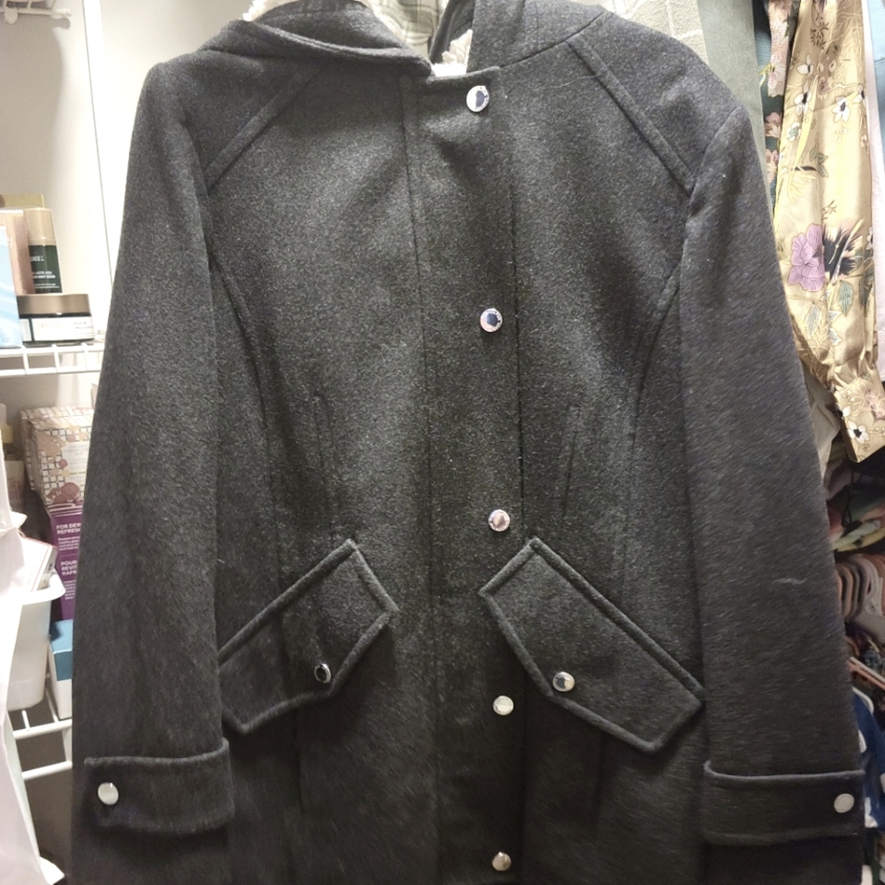 London fog front zip wool anorak jacket with sherpa hood size L
